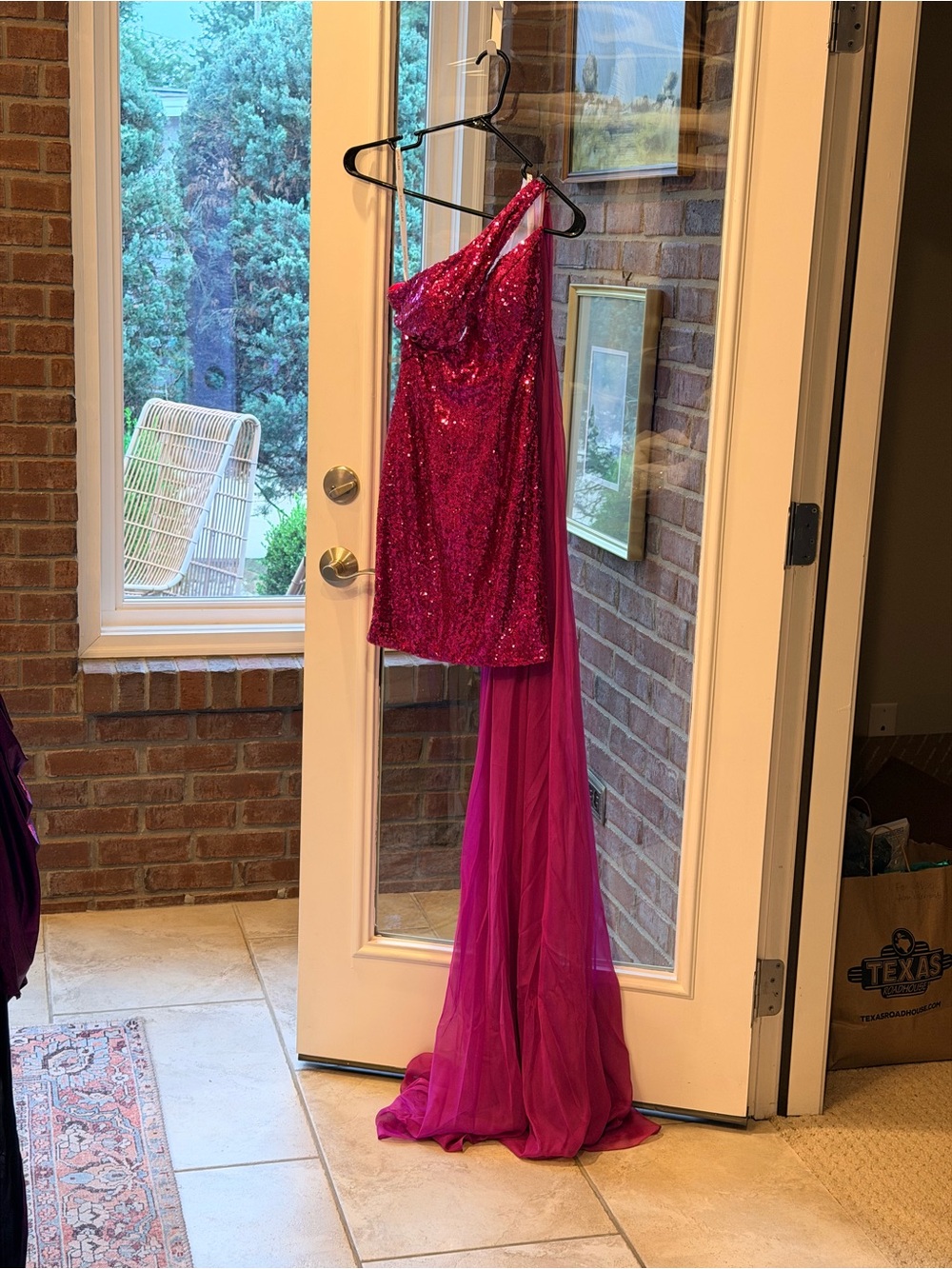 Rachel Allan One-Shoulder Fuchsia Sequin Dress with Chiffon Train